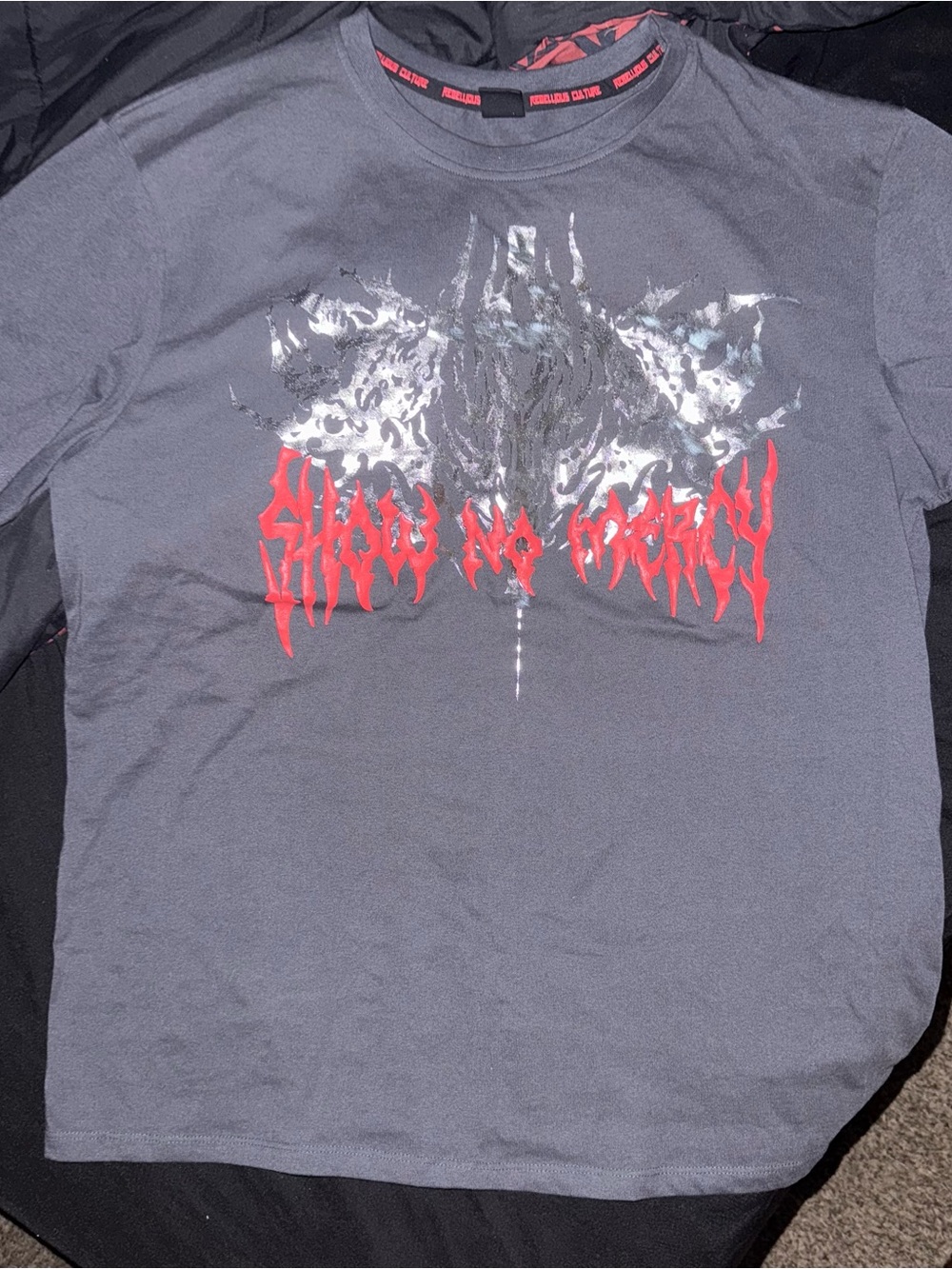 Men's Dark Gray Graphic Tee with Red Print